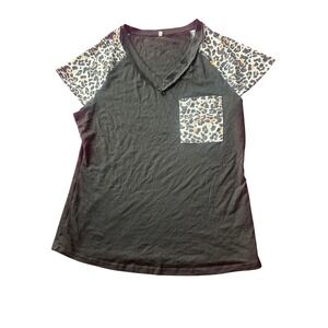 Womens Black Leopard Print Raglan Sleeve V-Neck Pocket Tee Large Strechy y2K